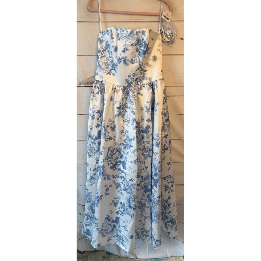 Dessy Collection Strapless Drop Waist Gown Cottage Rose Larkspur Toile Blue 10R
